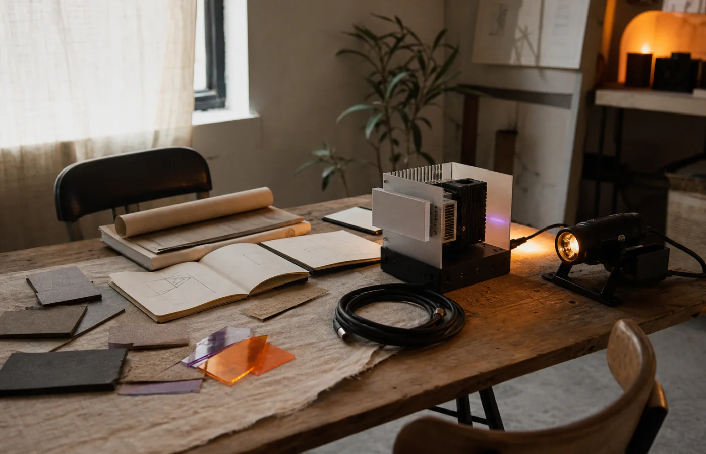Mesa preparada para uma conversa de projeto com cadernos, materiais e protótipo tecnológico