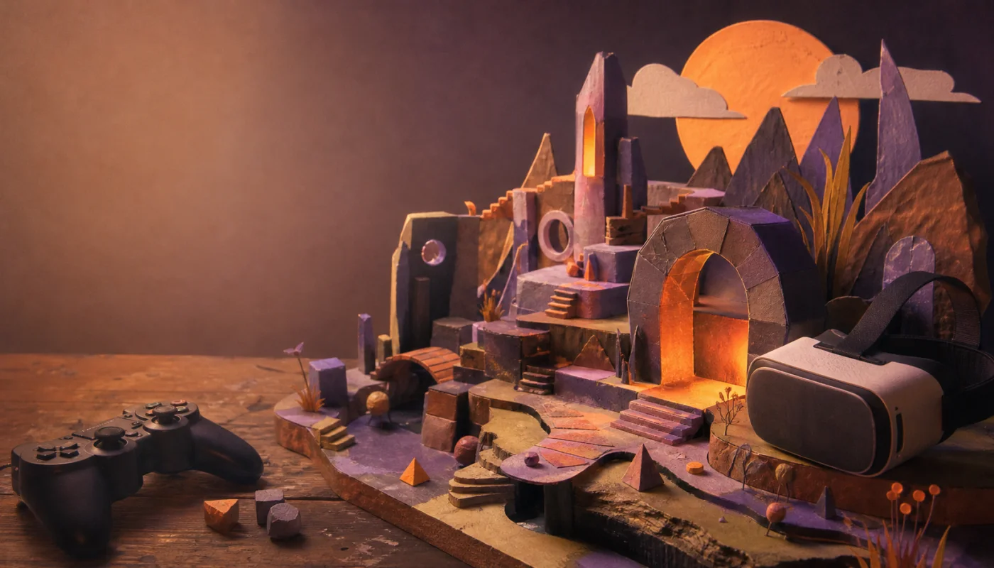 Composição abstrata representando jogos digitais e jogos em realidade virtual