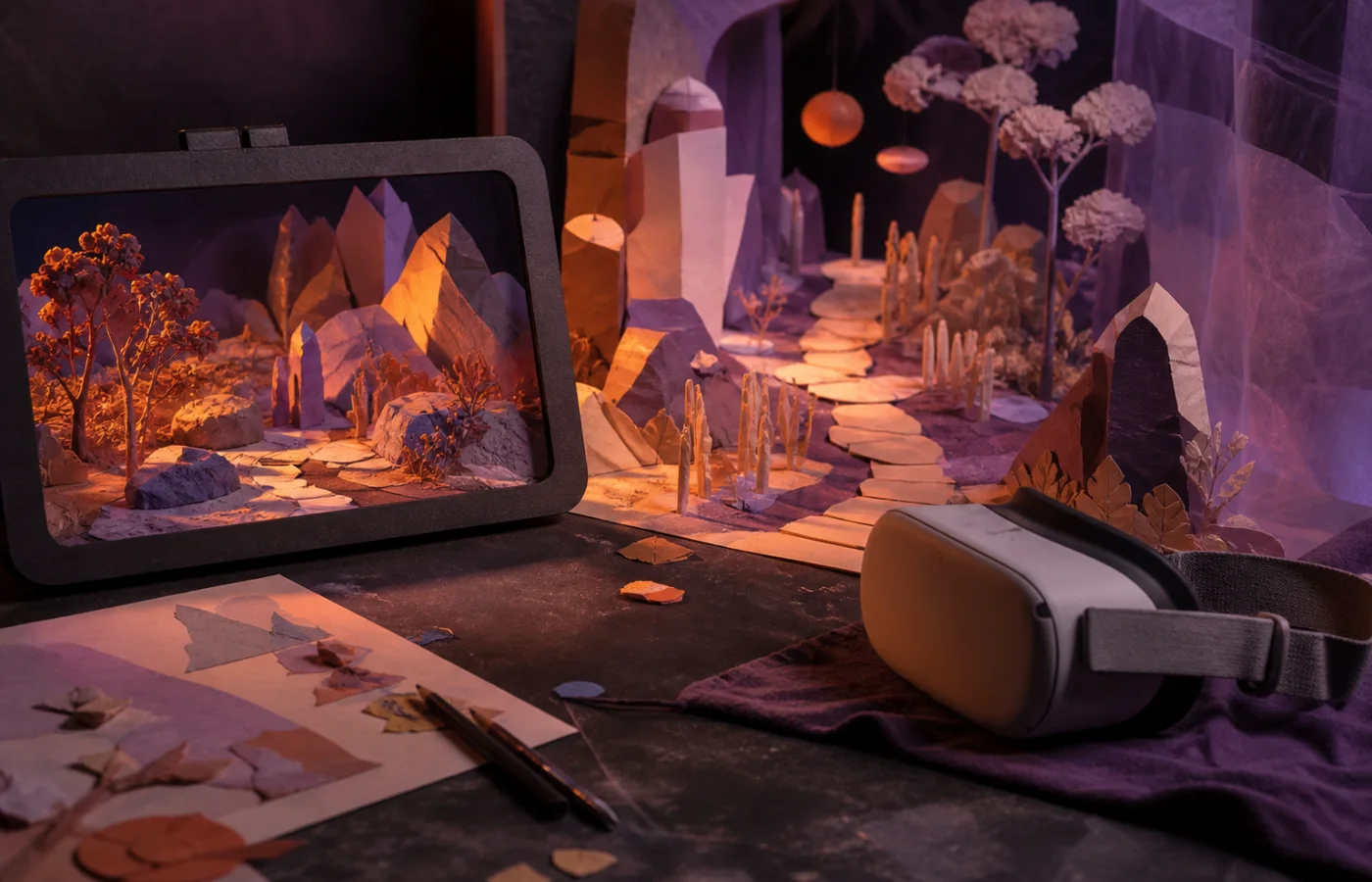 Cenário de jogo artesanal conectado a uma experiência espacial de realidade virtual