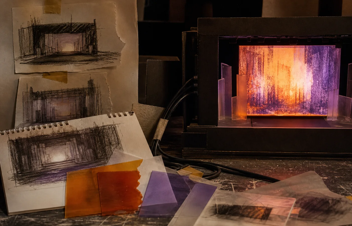 Esboços de palco e amostras de materiais conectados a uma maquete de tela iluminada