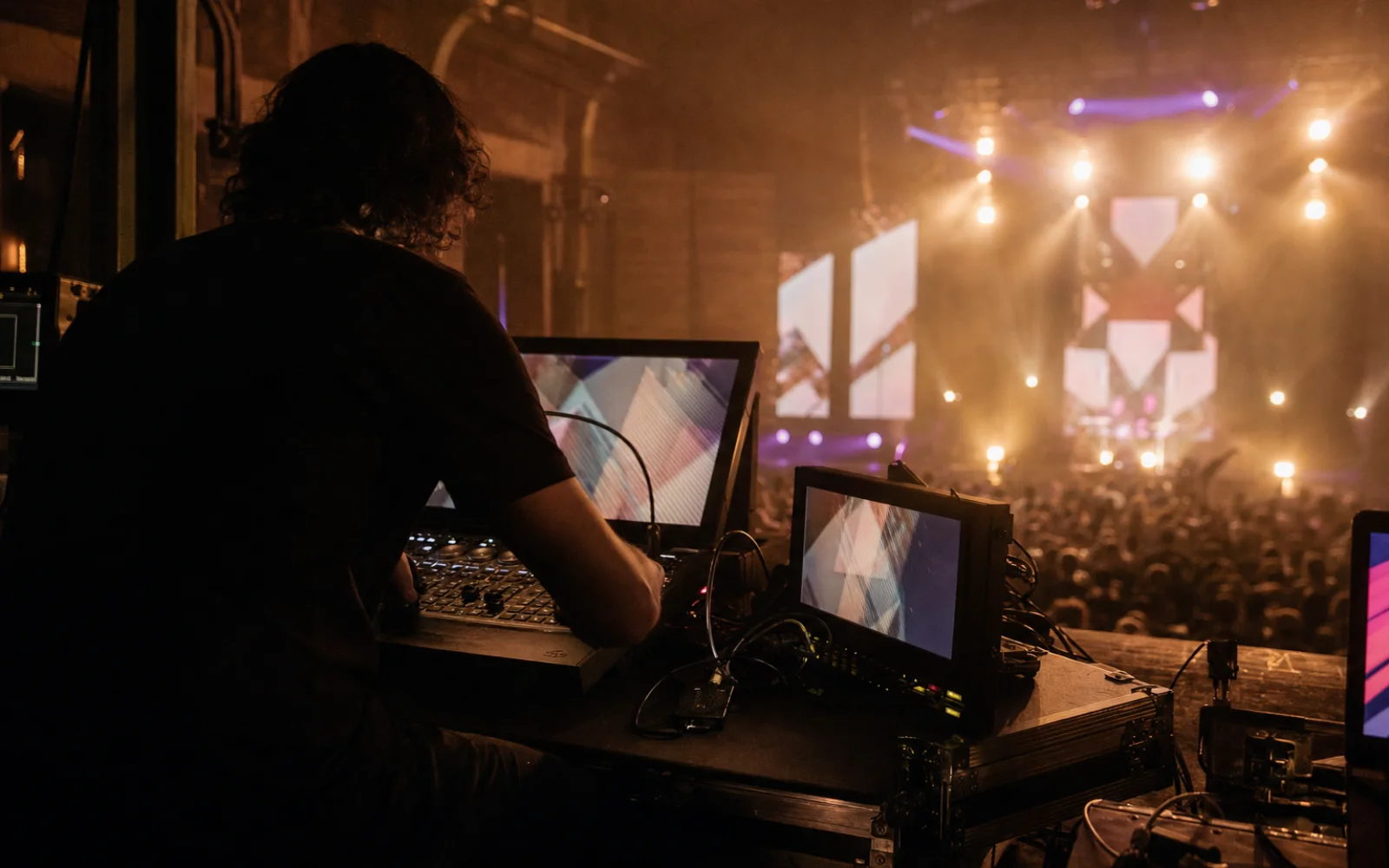 Profissional operando vídeo e iluminação nos bastidores de um evento ao vivo