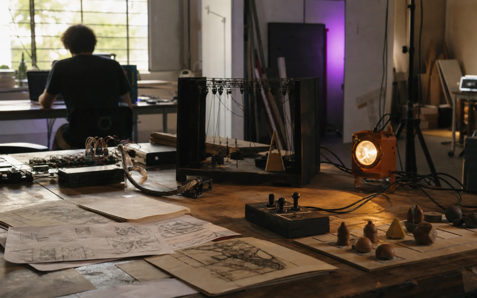 Oficina multidisciplinar com protótipos, iluminação, componentes eletrônicos e materiais de criação